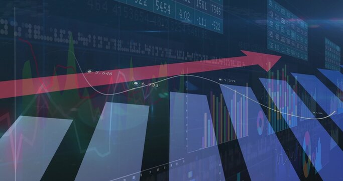 Displaying financial dashboard showing rising trend in trading platform, red arrow and bar charts