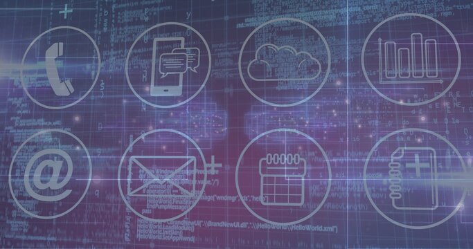 Displaying grid of nine circular app icons hovering over purple-blue matrix, with code streams