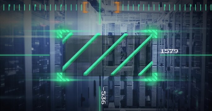 Projecting green HUD overlay over server racks inside data center, showing diagonal bars 1579 536