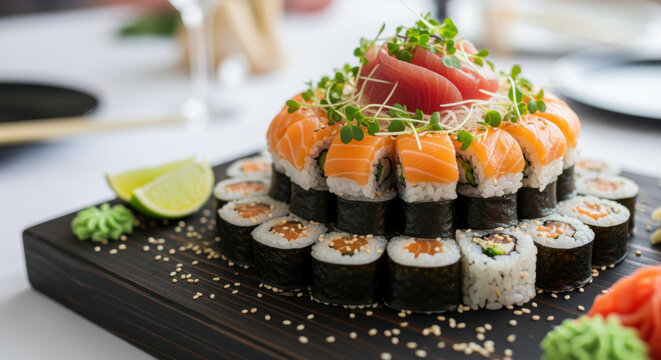 Layered sushi platter with assorted salmon and tuna rolls garnished with microgreens, sesame seeds, lime wedges and wasabi on wooden board