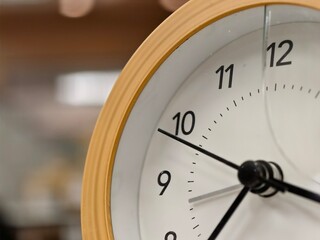 A close-up shot of a modern analog clock face with a wooden frame, highlighting the precise hands and numbers that mark the passage of time.