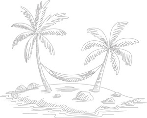 Hand drawn sketch of a tropical island with palm trees and a hammock