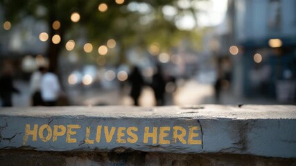 Moody alleyway mural with weathered paint spelling “Hope Lives Here” — representing social hope, street art expression, and humanity’s spirit through urban decay. cinematic color correction, - Powered by Adobe