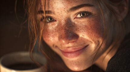 A portrait of a smiling woman with freckles, capturing a sense of warmth and happiness
