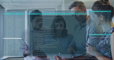 Holding tablet, IT team in shirts leaning and pointing at screen in conference room, code overlay