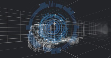 Rendering wireframe tractor-trailer model highlighting wheels, chassis and HUD overlay in 3D studio