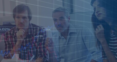 Analyzing three coworkers studying market data at meeting table in checked shirt with chart overlay