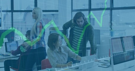 Pointing, colleagues in light shirt and dark jacket reviewing laptop in open office, green overlay