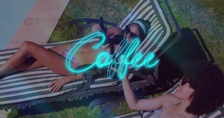 Lounging two women wearing bikinis shades headband on striped chairs poolside neon Coffee script