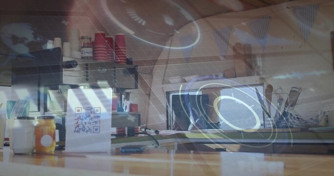 Showing countertop coffee station at cafe with espresso machine, QR code sign, red cups, tablet