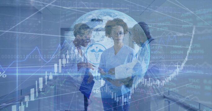 Discussing 3 staff in scrubs and lab coat reviewing data in hospital, with papers, caduceus, charts