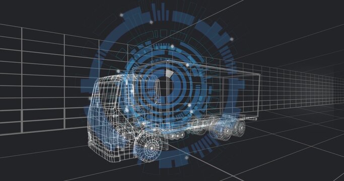 Rendering wireframe tractor-trailer model highlighting wheels, chassis and HUD overlay in 3D studio