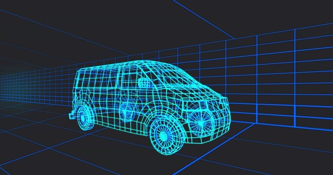 Displaying cyan wireframe van model rotating in 3D studio, with floor grid and vanishing point