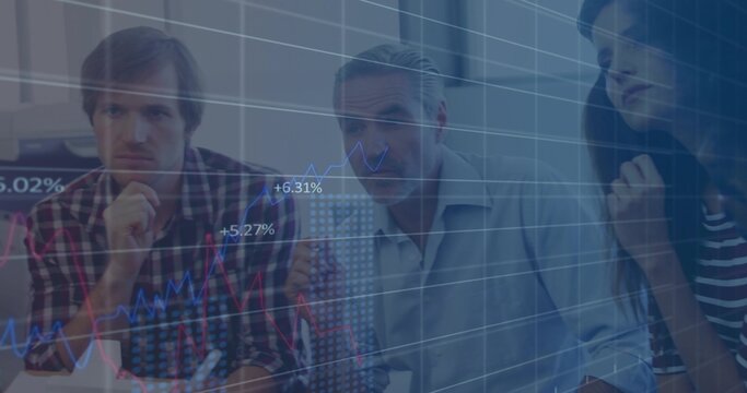 Analyzing three coworkers studying market data at meeting table in checked shirt with chart overlay