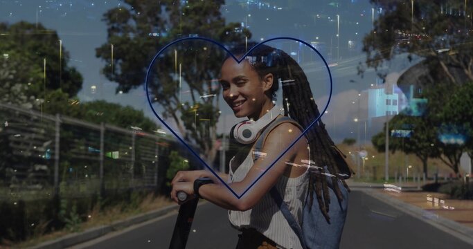 Standing woman with dreadlocks wearing striped top holding e-scooter on street with blue heart