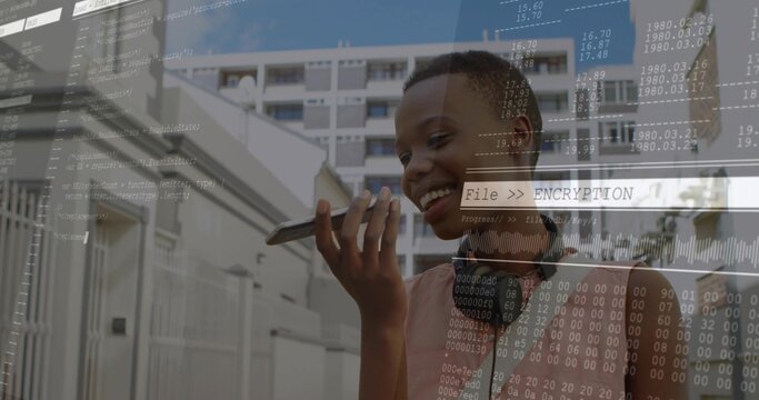Speaking woman with headset and pink top holding smartphone on sidewalk, encryption UI, copy space - Powered by Adobe