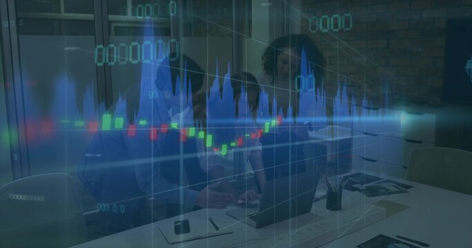Analyzing three staff working in blazers in meeting room, with laptop, reports, pens, chart overlay - Powered by Adobe