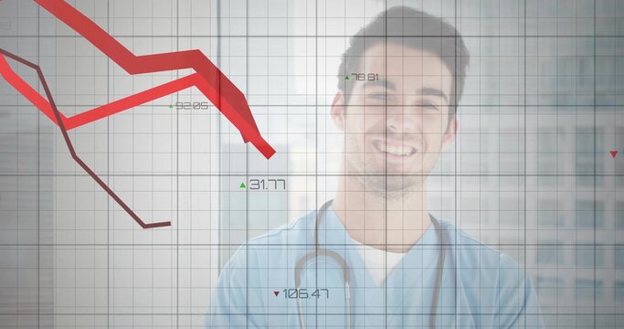 Displaying male doctor in clinic wearing blue scrubs, stethoscope overlaid with red charts and grid
