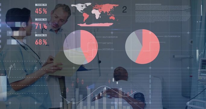 Reviewing physician in shirt and nurse in scrubs consulting patient at bed, showing chart overlays