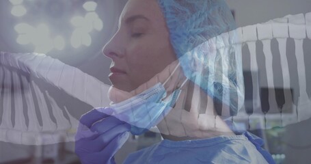Adjusting female surgeon in blue gown fixing surgical mask strap in operating room, purple gloves
