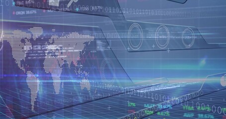 Projecting holographic dotted world map and binary code over laptop keyboard, showing data overlays