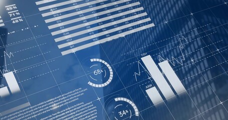 Displaying blue analytics dashboard in office, showing tables, bars, lines, gauges 68% 34%, facade