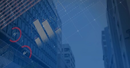 Obraz premium Displaying financial overlay over downtown canyon, showing bars, line, two gauges, upper left strip