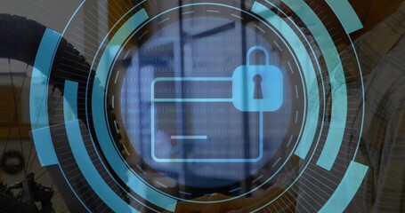 Displaying blue HUD dominating office, with wallet icon, padlock, tripod, man in light shirt
