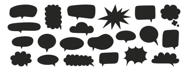 Crayon speech bubble set. Chat talk boxes. Chalk hand drawn silhouette frames. Kid doodle style. Dialogue balloon cloud. Pencil drawing, black thought elements, white background. Vector illustration