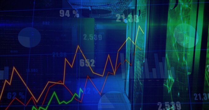 Displaying finance dashboard centered in server room, with server racks, green LEDs, neon charts