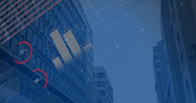 Fototapeta Displaying financial overlay over downtown canyon, showing bars, line, two gauges, upper left strip