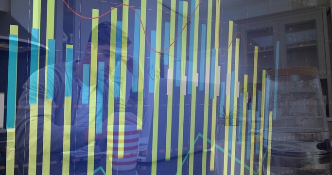 Sitting mid-adult man in casual jacket at cafe table leaning, viewing green bars, red trend line - Powered by Adobe