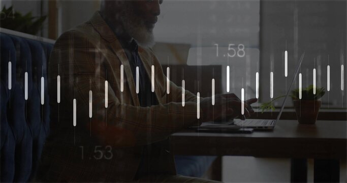 Working mature man in patterned blazer typing on laptop at cafe, with potted plant, data overlay