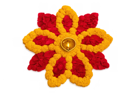 Diwali rangoli design featuring marigold and rose petals, creating a beautiful floral pattern with a lit diya, transparent background