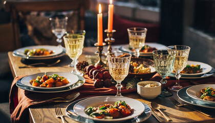 Elegant dinner party setting with delicious food and wine for festive celebrations and holiday gatherings, creating warm inviting memories with friends and family