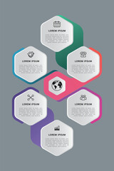 Modern hexagon business infographic template with six steps for workflow, strategy, presentation, and data visualization