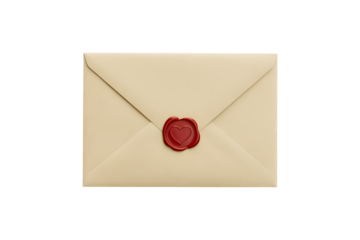 Sealed white envelope with red heart wax seal isolated on transparent background
