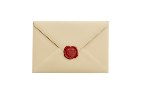 Sealed white envelope with red heart wax seal isolated on transparent background