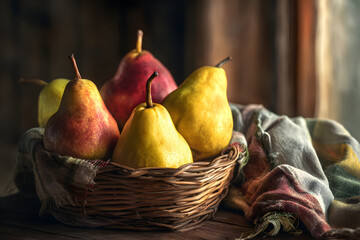 Rustic still life of fresh pears in a wicker basket