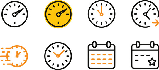 Collection of clock and calendar icons representing time management and scheduling concepts