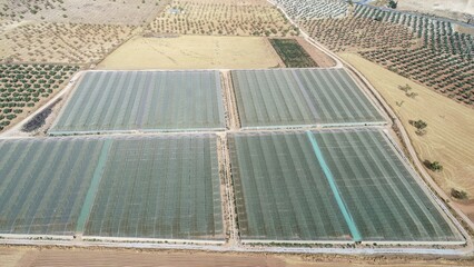 Aerial view of greenhouses and farmland in southern Spain countryside