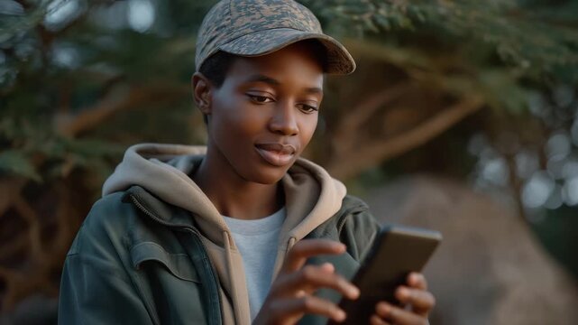 Refugee entrepreneur using a smartphone for mobile banking and ID verification through fintech app, symbolizing financial inclusion, digital identity access, and modern solutions for unbanked