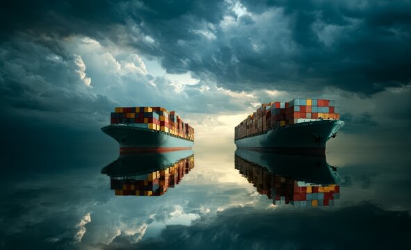 Two large cargo ships are reflected in the water. The sky is cloudy and the water is calm