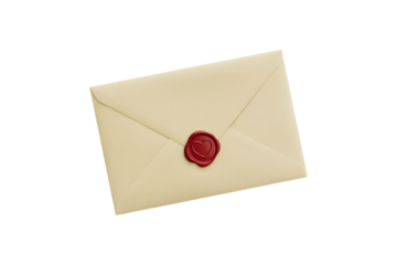 Sealed white envelope with red heart wax seal isolated on transparent background, cut out