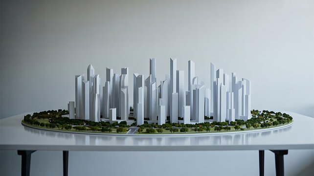 Modern architectural city model with futuristic urban skyline
