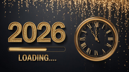Golden 2026 new year loading with clock ticking down to midnight with sparkling lights for festive celebrations.