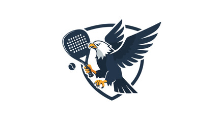 Eagle holding a paddle tennis racket with a ball in a shield emblem