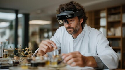 Scientist in a high-tech lab carefully selecting chemical samples using augmented reality interface with 3D molecular visualization, representing advanced research, precision experimentation, and