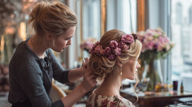 Professional stylist doing a wedding hairstyle on a bride-to-be in an elegant salon with flowers