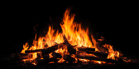 Blazing campfire with bright dancing flames on a dark night outdoors